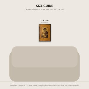 May include: A size guide graphic featuring a rectangular canvas print measuring 12 by 18 inches. The artwork depicts a religious icon in gold and dark tones, displayed above a 190 cm sofa silhouette. The text reads SIZE GUIDE.