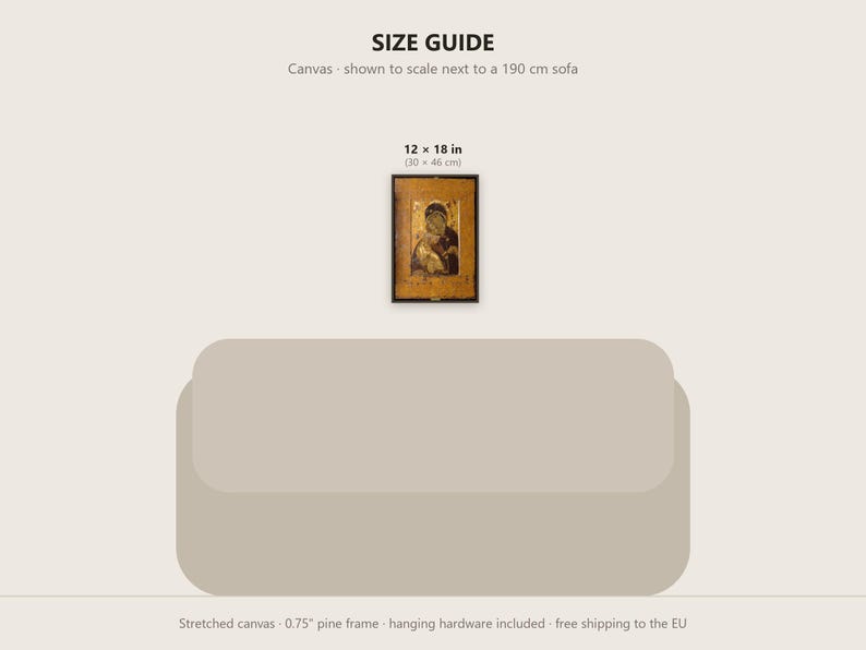 May include: A size guide graphic featuring a rectangular canvas print measuring 12 by 18 inches. The artwork depicts a religious icon in gold and dark tones, displayed above a 190 cm sofa silhouette. The text reads SIZE GUIDE.