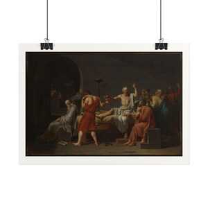 Puede incluir: Una lámina artística enmarcada que representa la muerte de Sócrates, con una figura central con túnica blanca que alcanza una copa, rodeada por un grupo de hombres con túnicas rojas, azules y grises en un interior de piedra oscuro.