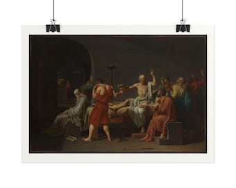 Puede incluir: Una lámina artística enmarcada que representa la muerte de Sócrates, con una figura central con túnica blanca que alcanza una copa, rodeada por un grupo de hombres con túnicas rojas, azules y grises en un interior de piedra oscuro.