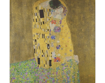 May include: A square canvas print of Gustav Klimt's The Kiss, featuring two figures embracing in gold robes with geometric patterns, set against a shimmering gold background and a vibrant meadow of colorful flowers at the base.