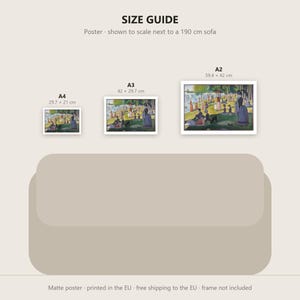 May include: A size guide for art prints featuring three posters in A4, A3, and A2 sizes, each displaying a reproduction of Georges Seurat's A Sunday Afternoon on the Island of La Grande Jatte, shown to scale above a 190 cm sofa.