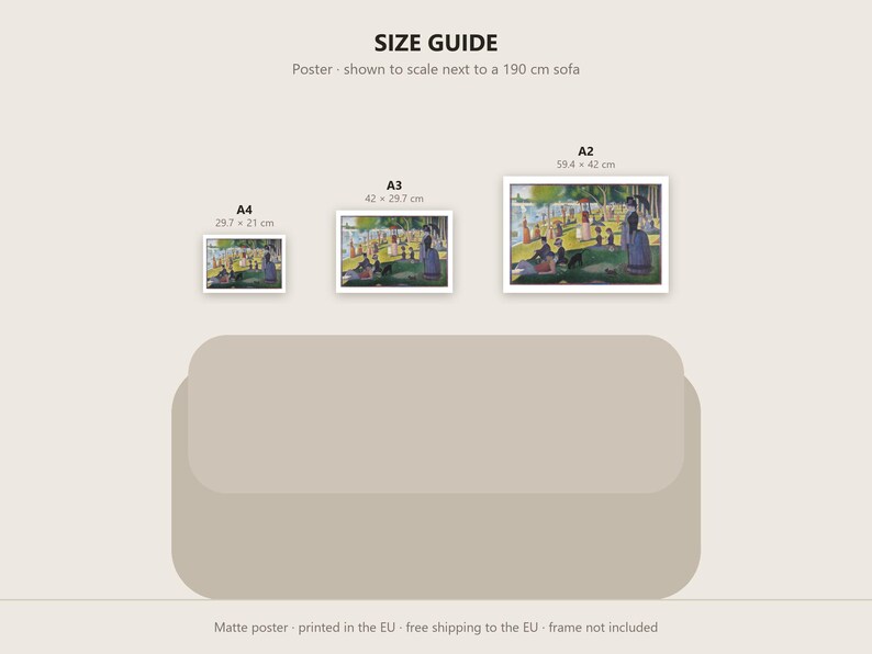 May include: A size guide for art prints featuring three posters in A4, A3, and A2 sizes, each displaying a reproduction of Georges Seurat's A Sunday Afternoon on the Island of La Grande Jatte, shown to scale above a 190 cm sofa.