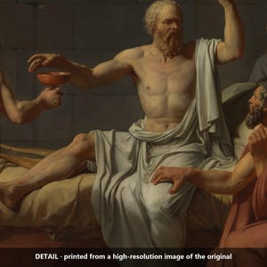 Puede incluir: Una pintura al &oacute;leo que representa a un hombre barbudo con una toga blanca sentado en una cama, alcanzando una copa roja sostenida por otra figura con una t&uacute;nica roja. Un hombre con una t&uacute;nica marr&oacute;n est&aacute; sentado cerca, mientras otros observan. El texto en la parte inferior dice: DETAIL - printed from a high-resolution image of the original.