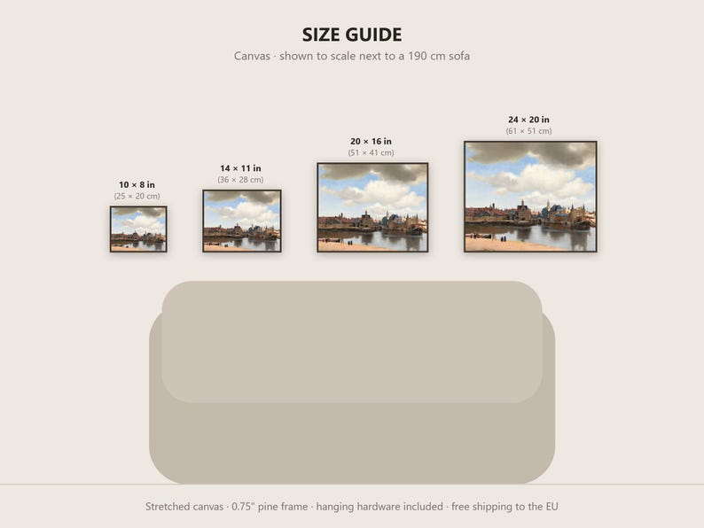 May include: A size guide graphic displaying four rectangular canvas prints of a cityscape painting above a 190 cm sofa. Sizes include 10x8 inches, 14x11 inches, 20x16 inches, and 24x20 inches. The text reads SIZE GUIDE and Canvas - shown to scale.