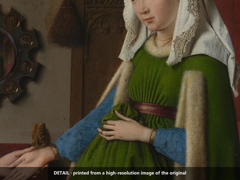 May include: A painting detail showing a figure in a green dress with blue sleeves, a white head covering, and a red belt. The figure wears gold bracelets and a necklace. Text at the bottom reads: DETAIL - printed from a high-resolution image of the original.