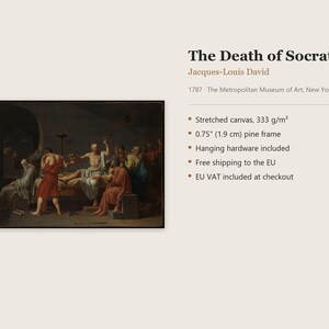 Puede incluir: Una reproducci&oacute;n de La muerte de S&oacute;crates de Jacques-Louis David, impresa en lienzo estirado con un marco de pino de 1,9 cm. La pintura muestra a un grupo de figuras con t&uacute;nicas cl&aacute;sicas alrededor de un hombre sentado.