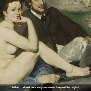 May include: An oil painting detail featuring a nude figure sitting beside a bearded person in a dark jacket and white shirt. A hand points toward the right side of the frame. The text at the bottom reads: DETAIL - printed from a high-resolution image of the original.