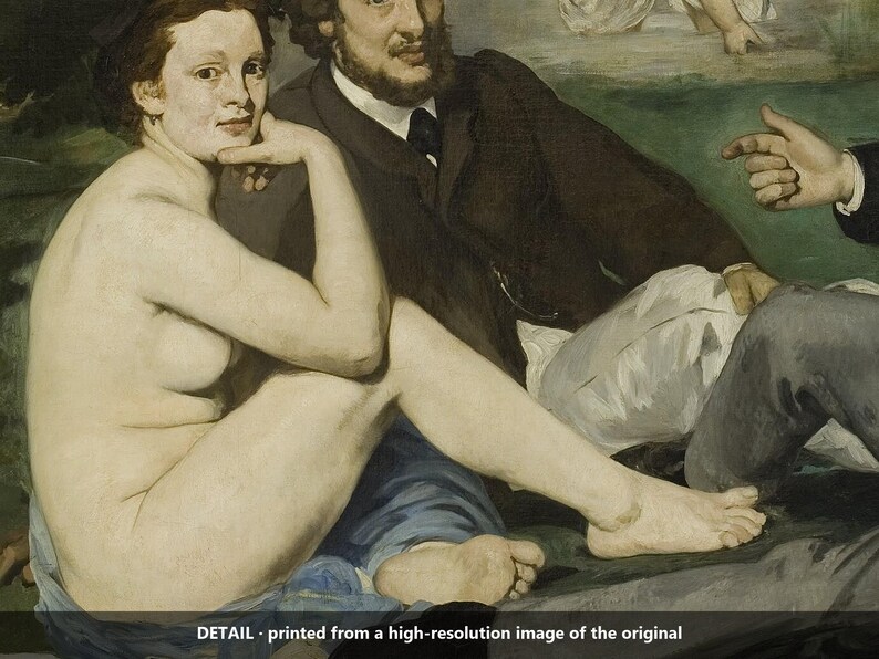 May include: An oil painting detail featuring a nude figure sitting beside a bearded person in a dark jacket and white shirt. A hand points toward the right side of the frame. The text at the bottom reads: DETAIL - printed from a high-resolution image of the original.
