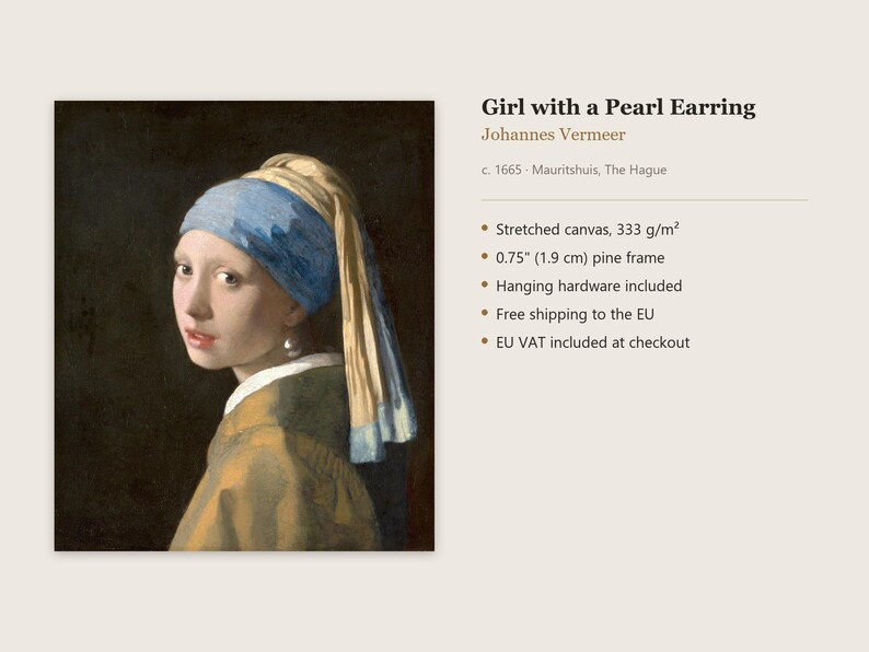 Puede incluir: Impresi&oacute;n en lienzo del cuadro La joven de la perla de Johannes Vermeer, c. 1665. La obra muestra a una figura con un pa&ntilde;uelo azul y amarillo y un pendiente de perla sobre un fondo oscuro. Incluye un marco de madera de pino de 1,9 cm.