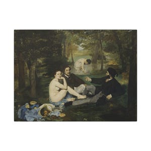 May include: An oil painting depicting a picnic scene in a wooded area. A nude figure sits on a blue cloth near two clothed figures in dark suits. A basket of fruit lies nearby, and a figure in a white garment is visible in the background water.