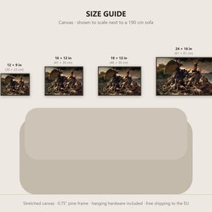 May include: A size guide for canvas prints featuring The Raft of the Medusa painting. Four sizes are displayed: 12 x 9 inches, 16 x 12 inches, 18 x 12 inches, and 24 x 16 inches, shown to scale above a 190 cm sofa illustration.