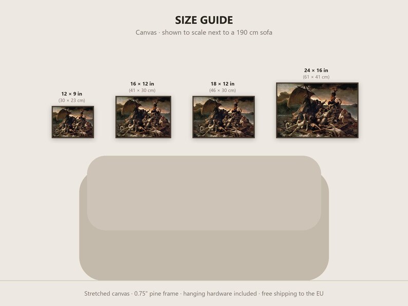 May include: A size guide for canvas prints featuring The Raft of the Medusa painting. Four sizes are displayed: 12 x 9 inches, 16 x 12 inches, 18 x 12 inches, and 24 x 16 inches, shown to scale above a 190 cm sofa illustration.
