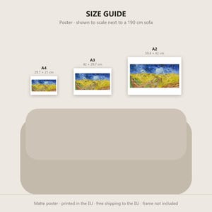 May include: A size guide for posters featuring three prints of a landscape painting with yellow fields and a blue sky. The sizes are labeled A4 at 29.7 x 21 cm, A3 at 42 x 29.7 cm, and A2 at 59.4 x 42 cm, shown above a 190 cm sofa illustration.