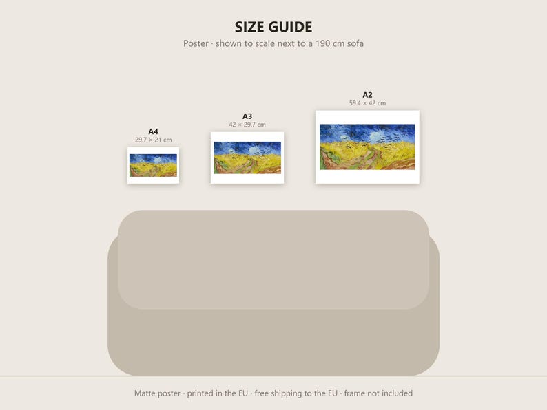 May include: A size guide for posters featuring three prints of a landscape painting with yellow fields and a blue sky. The sizes are labeled A4 at 29.7 x 21 cm, A3 at 42 x 29.7 cm, and A2 at 59.4 x 42 cm, shown above a 190 cm sofa illustration.