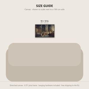 May include: A size guide graphic featuring a rectangular canvas print measuring 18 x 12 inches. The canvas displays a historical painting and is shown to scale above a 190 cm sofa. The product includes a 0.75 inch pine frame and hardware.