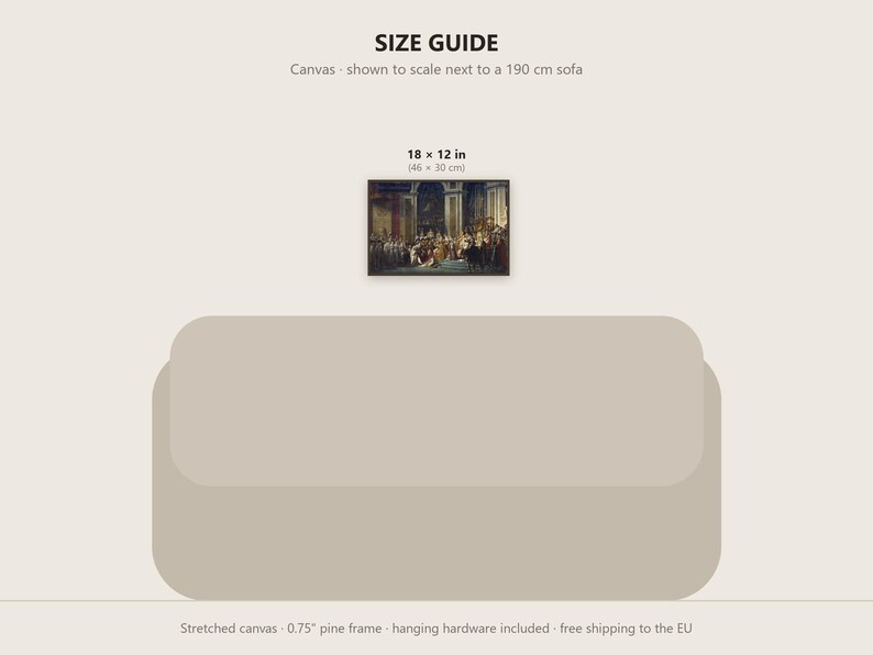May include: A size guide graphic featuring a rectangular canvas print measuring 18 x 12 inches. The canvas displays a historical painting and is shown to scale above a 190 cm sofa. The product includes a 0.75 inch pine frame and hardware.