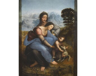 May include: A painting depicting two figures, one seated and one behind, with a small child reaching toward a lamb. The figures wear blue and reddish-brown garments. The background features a landscape with mountains and a tree under a blue sky.