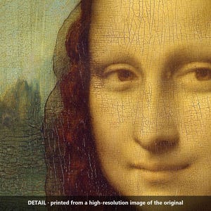 May include: A detailed reproduction of the Mona Lisa painting, focusing on the face and dark hair. The surface shows visible craquelure patterns throughout the oil paint. The text at the bottom reads: DETAIL - printed from a high-resolution image of the original.