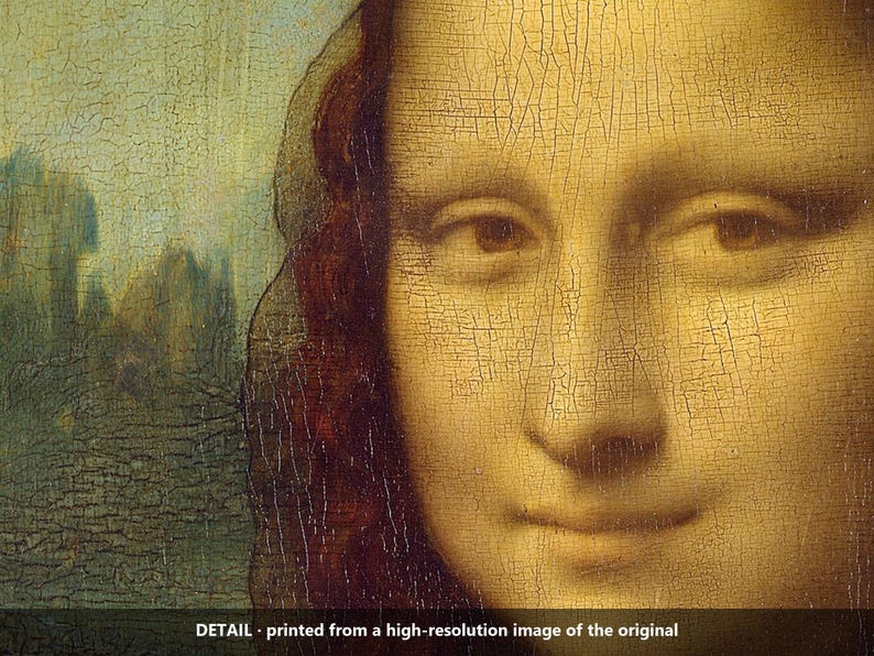 May include: A detailed reproduction of the Mona Lisa painting, focusing on the face and dark hair. The surface shows visible craquelure patterns throughout the oil paint. The text at the bottom reads: DETAIL - printed from a high-resolution image of the original.