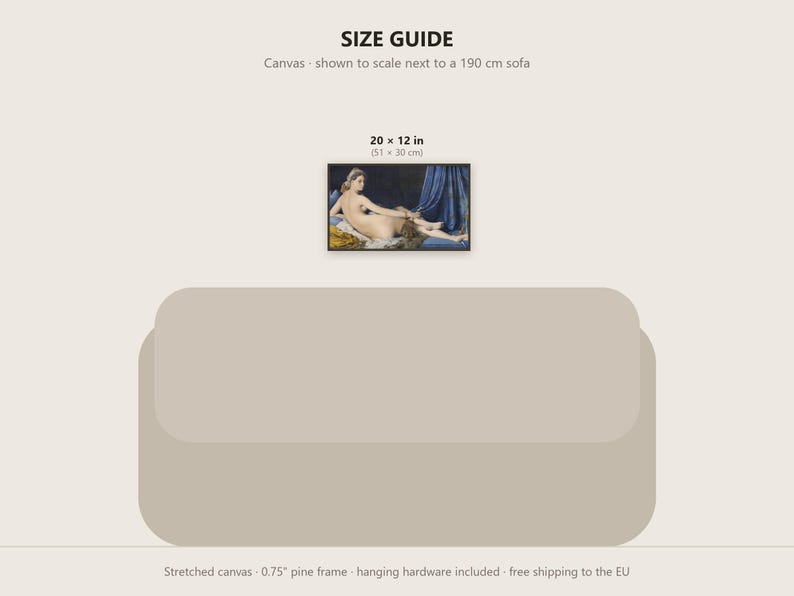 May include: A rectangular canvas print measuring 20 x 12 inches, featuring a classical painting of a reclining figure draped in blue fabric. The print is displayed above a 190 cm sofa graphic with a 0.75 inch pine frame and hanging hardware.
