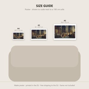 May include: A size guide for posters featuring three rectangular prints labeled A4, A3, and A2 with dimensions 29.7 x 21 cm, 42 x 29.7 cm, and 59.4 x 42 cm respectively, displayed above a beige sofa graphic for scale reference.