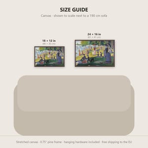 May include: A size guide graphic featuring two framed canvas prints of a park scene displayed above a 190 cm sofa. The prints are labeled with dimensions of 18 x 12 inches and 24 x 16 inches. The text includes SIZE GUIDE and Stretched canvas 0.75 inch pine frame.