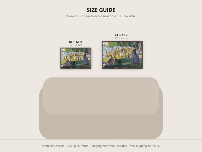 May include: A size guide graphic featuring two framed canvas prints of a park scene displayed above a 190 cm sofa. The prints are labeled with dimensions of 18 x 12 inches and 24 x 16 inches. The text includes SIZE GUIDE and Stretched canvas 0.75 inch pine frame.