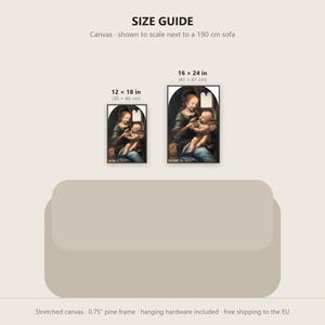 May include: A size guide for canvas prints featuring a reproduction of a Madonna and Child painting. Two sizes are shown: 12 x 18 inches and 16 x 24 inches, displayed above a 190 cm sofa. The text includes SIZE GUIDE and 0.75 inch pine frame.