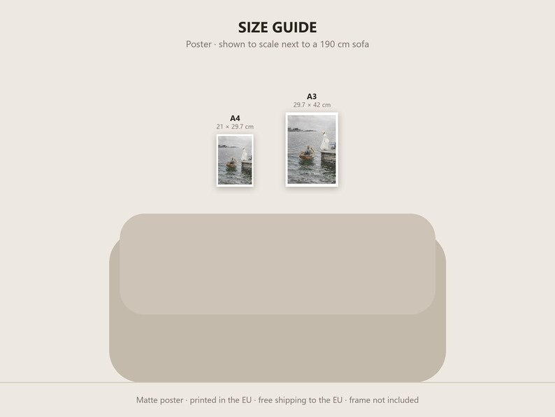 May include: A size guide graphic featuring two rectangular posters displayed above a 190 cm sofa. The A4 poster measures 21 x 29.7 cm, and the A3 poster measures 29.7 x 42 cm. Both posters depict a small boat on water near a dock.