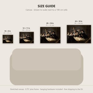May include: A size guide for canvas prints featuring Rembrandt's The Anatomy Lesson of Dr. Nicolaes Tulp. Four sizes are displayed: 10x8, 14x11, 20x16, and 24x18 inches, shown to scale above a 190 cm sofa illustration with a 0.75 inch pine frame.