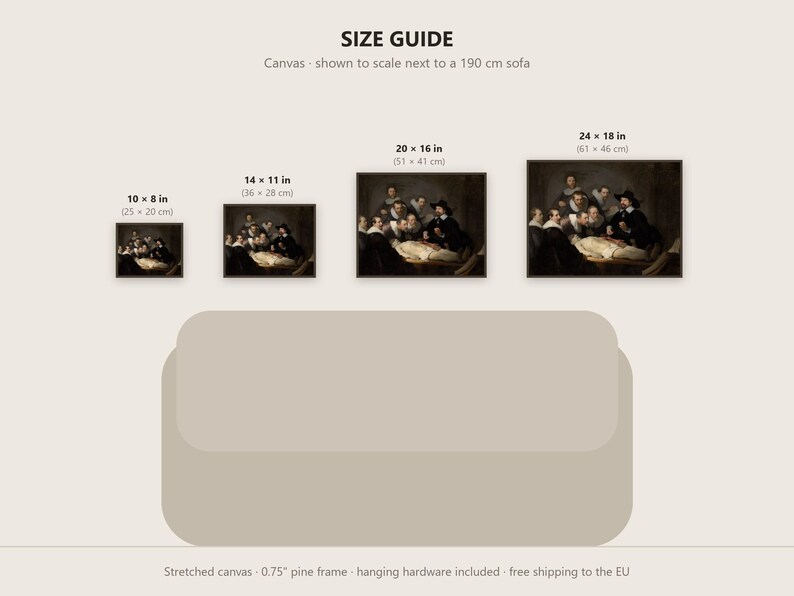 May include: A size guide for canvas prints featuring Rembrandt's The Anatomy Lesson of Dr. Nicolaes Tulp. Four sizes are displayed: 10x8, 14x11, 20x16, and 24x18 inches, shown to scale above a 190 cm sofa illustration with a 0.75 inch pine frame.