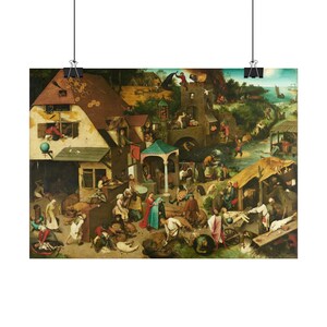 May include: A detailed oil painting depicting a bustling village scene with numerous figures engaged in various activities, including a large house with a red roof, a stone tower, a river, and a landscape filled with many small, distinct characters.