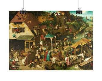 May include: A detailed oil painting depicting a bustling village scene with numerous figures engaged in various activities, including a large house with a red roof, a stone tower, a river, and a landscape filled with many small, distinct characters.