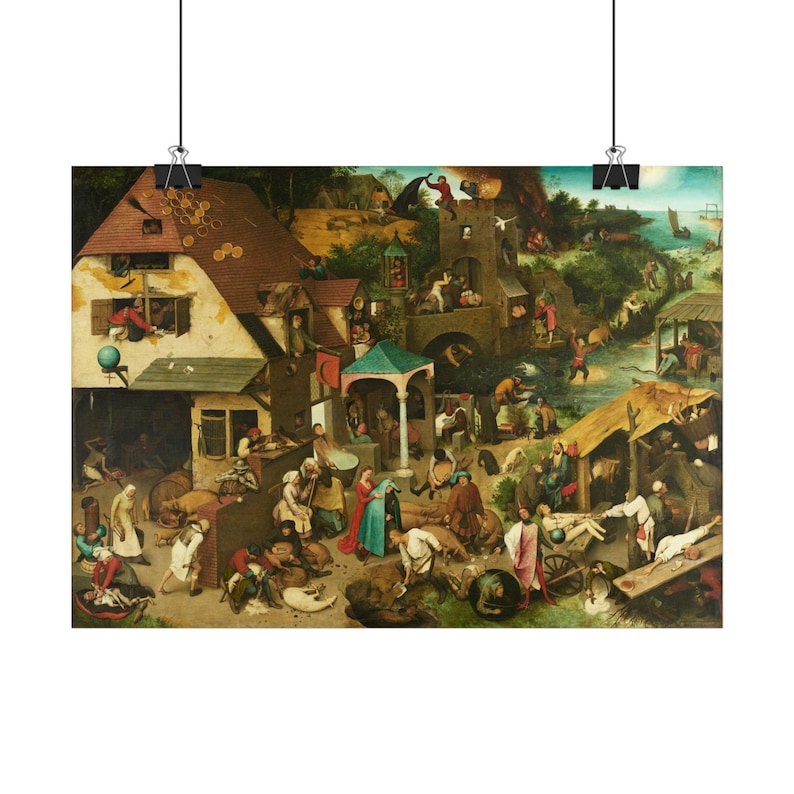 Netherlandish Proverbs Print by Pieter Brueghel the Elder, Flemish Art Poster, Famous Painting Wall Art, A4 A3 A2, Printed in EU image 1