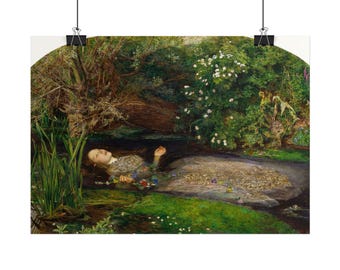 May include: A fine art print depicting a person lying in a stream, wearing a detailed, textured gown adorned with various colorful flowers. The scene is surrounded by lush green foliage, tall grasses, and white blossoms near the water's edge.