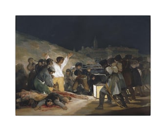 May include: An oil painting depicting a historical scene with a central figure in a white shirt and yellow trousers with arms raised, facing a line of soldiers in dark uniforms aiming rifles. Fallen figures lie on the ground in the foreground.