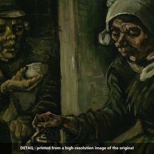 May include: An oil painting detail depicting two figures in dark, muted tones. One figure wears a cap and holds a small bowl, while the other wears a head covering and pours from a dark vessel. Text at the bottom reads: DETAIL - printed from a high-resolution image of the original.