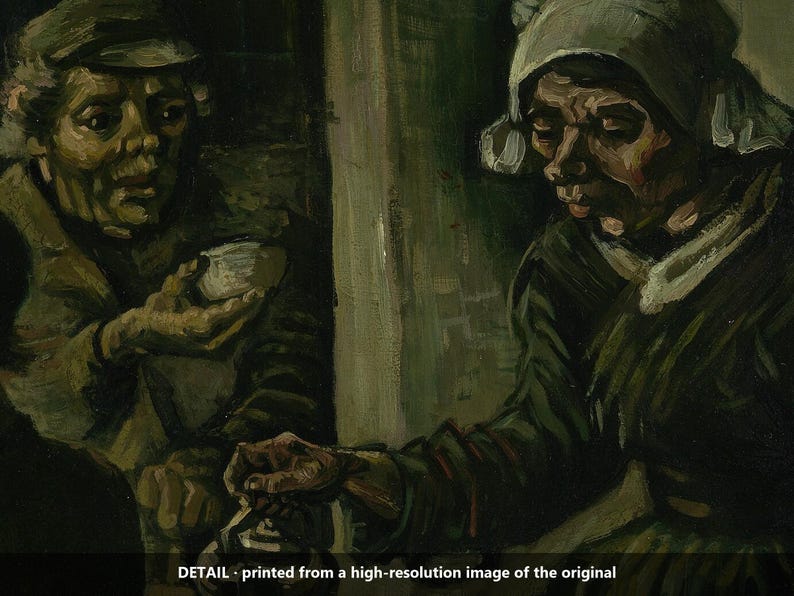 May include: An oil painting detail depicting two figures in dark, muted tones. One figure wears a cap and holds a small bowl, while the other wears a head covering and pours from a dark vessel. Text at the bottom reads: DETAIL - printed from a high-resolution image of the original.