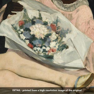 May include: An oil painting detail showing a bouquet of white, blue, and red flowers wrapped in white paper. The bouquet is held by a figure wearing a pale pink garment with ruffled sleeves. The text DETAIL - printed from a high-resolution image of the original appears at the bottom.