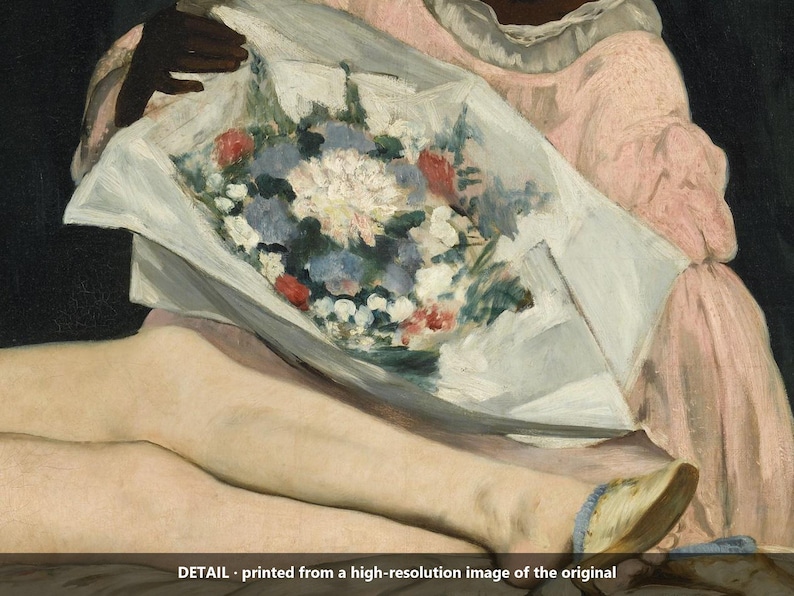 May include: An oil painting detail showing a bouquet of white, blue, and red flowers wrapped in white paper. The bouquet is held by a figure wearing a pale pink garment with ruffled sleeves. The text DETAIL - printed from a high-resolution image of the original appears at the bottom.