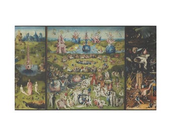 May include: A triptych oil painting featuring three distinct panels. The left panel depicts a garden scene with figures, the central panel shows a crowded landscape with fantastical structures and numerous nude figures, and the right panel displays a dark, chaotic scene.