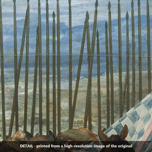 Peut inclure: Un d&eacute;tail de peinture montrant une rang&eacute;e de lances hautes, fines et brun fonc&eacute;, dress&eacute;es verticalement devant un paysage de montagnes bleues et une vall&eacute;e. Au premier plan, plusieurs chapeaux bruns et un tissu &agrave; carreaux bleu et blanc.