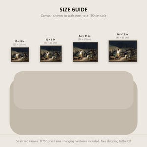 Op de afbeelding: Een maattabel voor een canvasprint met vier rechthoekige ingelijste kunstwerken van 25x20 cm, 30x23 cm, 36x28 cm en 41x30 cm boven een bank van 190 cm. De tekst luidt SIZE GUIDE en Canvas - shown to scale next to a 190 cm sofa.