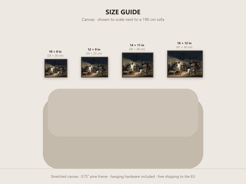 Op de afbeelding: Een maattabel voor een canvasprint met vier rechthoekige ingelijste kunstwerken van 25x20 cm, 30x23 cm, 36x28 cm en 41x30 cm boven een bank van 190 cm. De tekst luidt SIZE GUIDE en Canvas - shown to scale next to a 190 cm sofa.
