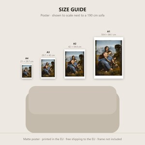 May include: A size guide for posters featuring the Virgin and Child with Saint John the Baptist. Four sizes are shown: A4 (21 x 29.7 cm), A3 (29.7 x 42 cm), A2 (42 x 59.4 cm), and A1 (59.4 x 84.1 cm), displayed above a 190 cm sofa.