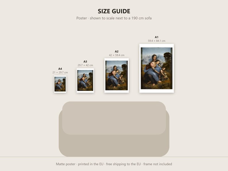 May include: A size guide for posters featuring the Virgin and Child with Saint John the Baptist. Four sizes are shown: A4 (21 x 29.7 cm), A3 (29.7 x 42 cm), A2 (42 x 59.4 cm), and A1 (59.4 x 84.1 cm), displayed above a 190 cm sofa.