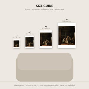 May include: A size guide for posters featuring four rectangular prints labeled A4, A3, A2, and A1 with dimensions 21 x 29.7 cm, 29.7 x 42 cm, 42 x 59.4 cm, and 59.4 x 84.1 cm. The graphic shows these posters scaled next to a 190 cm sofa.