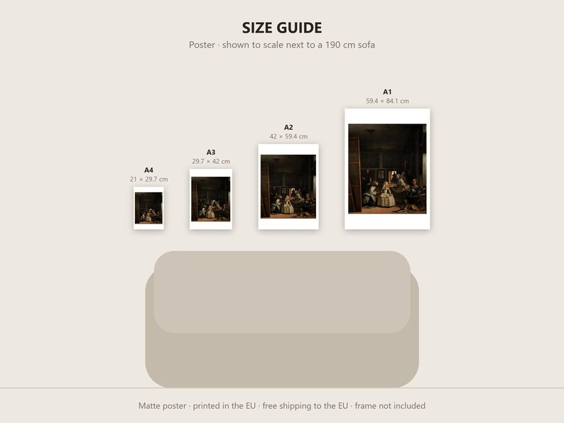 May include: A size guide for posters featuring four rectangular prints labeled A4, A3, A2, and A1 with dimensions 21 x 29.7 cm, 29.7 x 42 cm, 42 x 59.4 cm, and 59.4 x 84.1 cm. The graphic shows these posters scaled next to a 190 cm sofa.