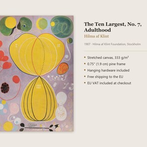 May include: A stretched canvas print of The Ten Largest, No. 7, Adulthood by Hilma af Klint, featuring abstract yellow, green, and red shapes on a lavender background, mounted in a 0.75 inch pine frame with included hanging hardware.